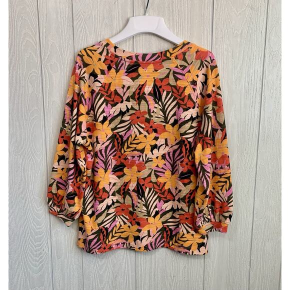 LOFT Tropical Sweatshirt Floral 3/4 Puff Sleeve Orange Medium - Picture 6 of 7